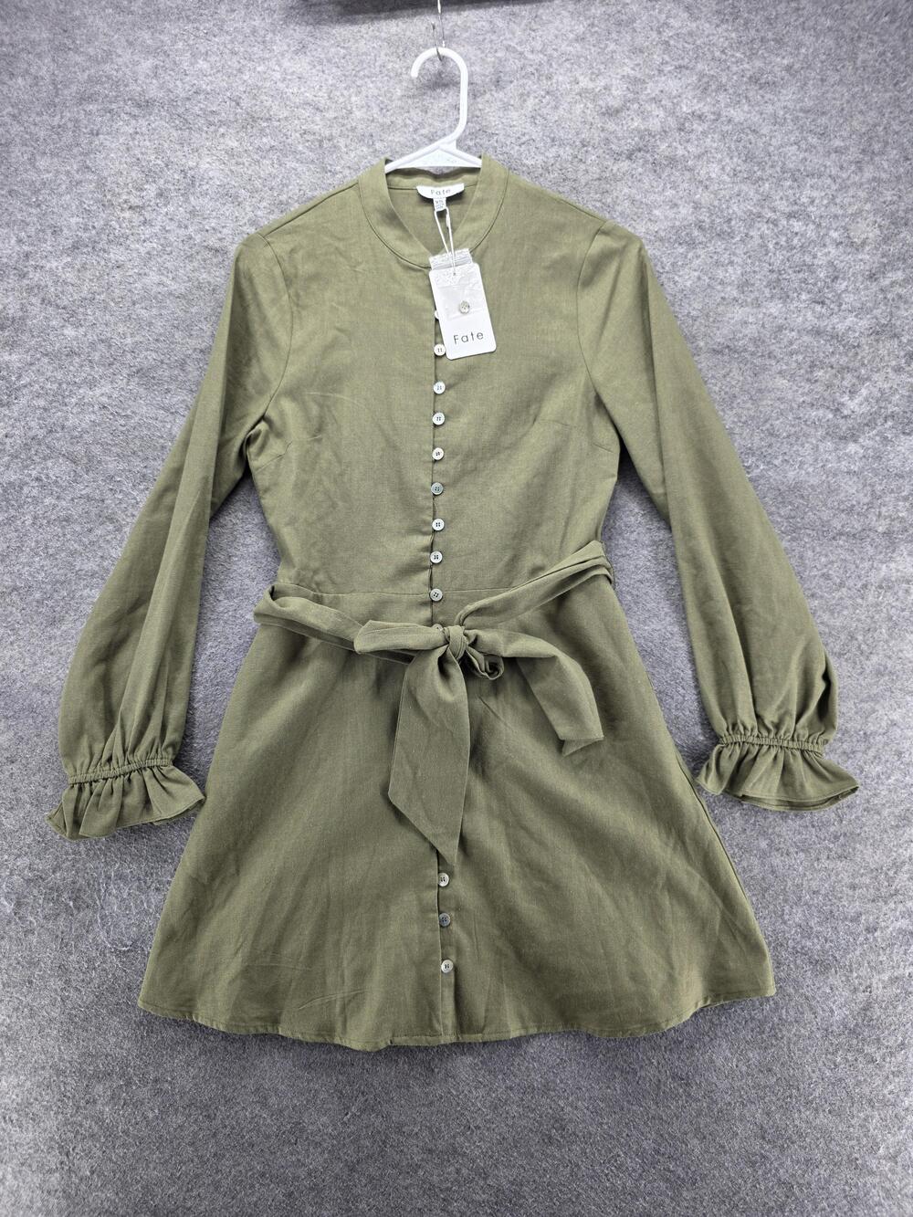 Fate Dress Womens XS Green Fit & Flare Short Long Sleeve Belted Button